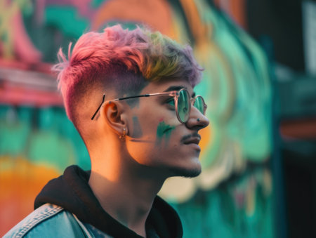 A man with colorful hair and glasses standing in front of a graffiti covered wall. Generative AI image.の素材