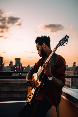 A man sitting on a balcony playing a guitar. Generative AI image.の素材