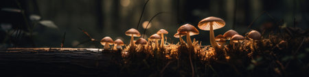 A group of mushrooms sitting on top of a log. Generative AI image.の素材