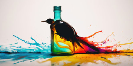 A bird sitting on top of a colorful bottle. Generative AI image.の素材