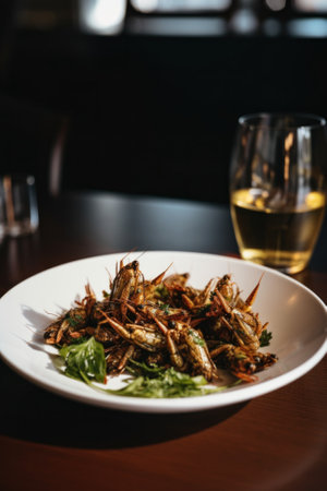A plate of fried grasshoppers and a glass of wine. Generative AI image.の素材