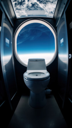 A toilet in a bathroom with a sky view. Generative AI image.の素材
