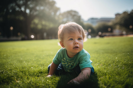 A baby laying on the grass in a park. Generative AI image.の素材