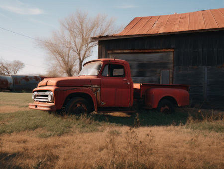 An old red truck parked in front of a barn. Generative AI image.の素材