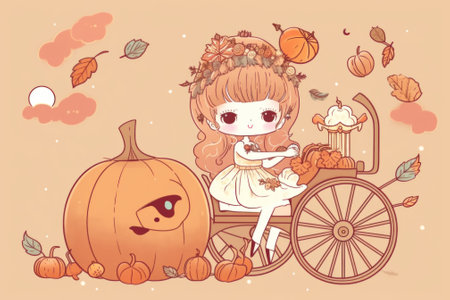 A girl sitting in a carriage with a pumpkin and a bird. Generative AI image.の素材