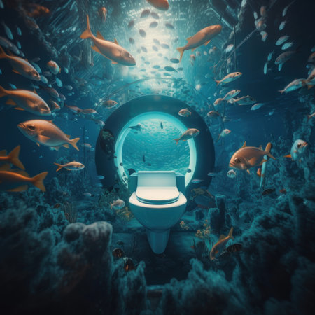 A toilet in the middle of the ocean surrounded by fish. Generative AI image.の素材