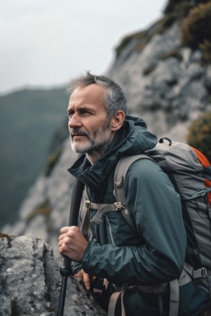 A man with a backpack standing on top of a mountain. Generative AI image.の素材