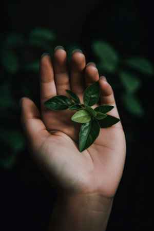 A person holding a plant in their hand. Generative AI image.の素材