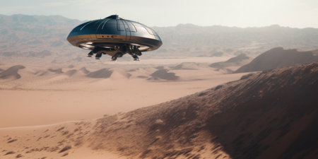 A futuristic flying saucer in the desert. Generative AI image.の素材