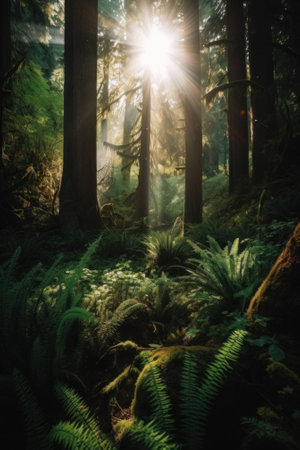 The sun is shining through the trees in the forest. Generative AI image.の素材