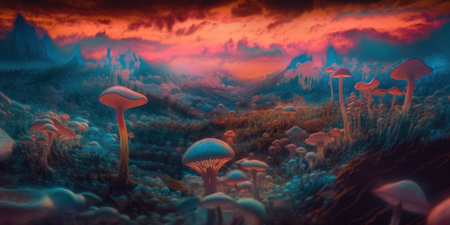 A painting of a field of mushrooms with a sunset in the background. Generative AI image.の素材