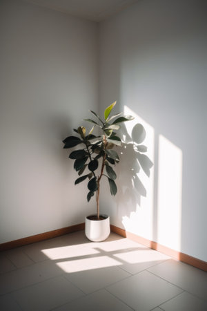 A potted plant in a corner of a room. Generative AI image.の素材
