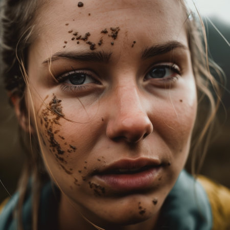 A close up of a woman with dirt on her face. Generative AI image.の素材