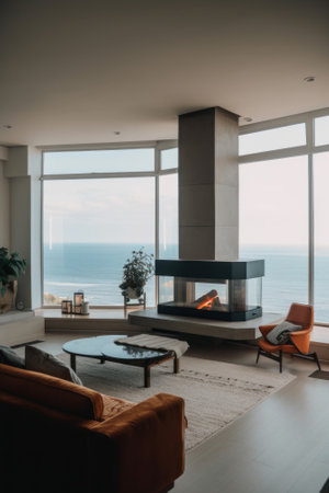 A living room filled with furniture and a fire place. Generative AI image.の素材