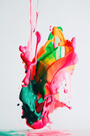 A close up of a colorful liquid pouring into a glass. Generative AI image.の素材