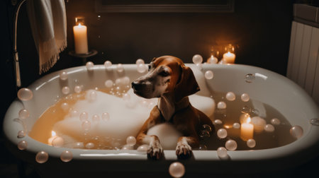 A dog sitting in a bathtub filled with bubbles. Generative AI image.の素材