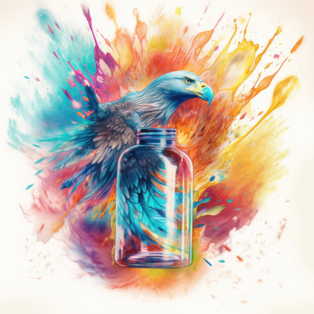A painting of a bird in a glass jar. Generative AI image.の素材