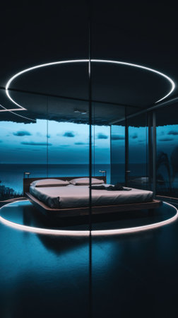 A circular bed in a room with a view of the ocean. Generative AI image.の素材
