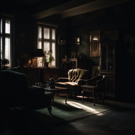 A living room with a couch and a chair. Generative AI image.の素材