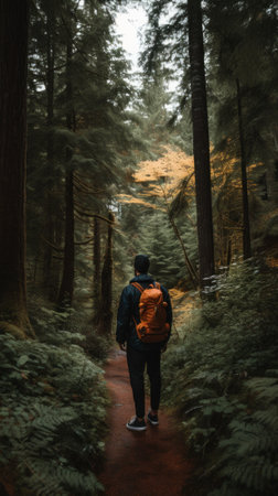 A person with a backpack walking down a path in the woods. Generative AI image.の素材