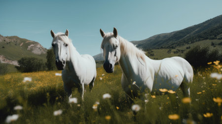 Two white horses standing in a field of flowers. Generative AI image.の素材