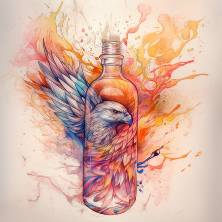 A drawing of a bottle with a bird on it. Generative AI image.の素材