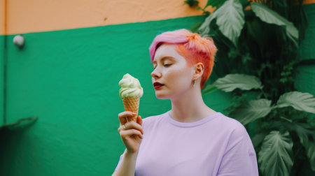A woman with pink hair eating an ice cream cone. Generative AI image.の素材