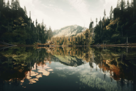 A lake surrounded by trees with a mountain in the background. Generative AI image.の素材