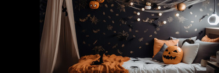 A bedroom decorated for halloween with a pumpkin pillow. Generative AI image.の素材