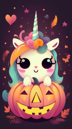 A cartoon unicorn sitting on top of a pumpkin. Generative AI image.の素材