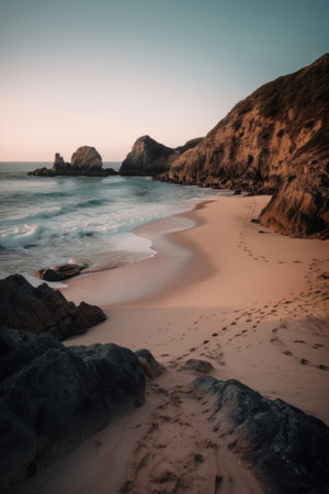 A beach with rocks and a body of water. Generative AI image.の素材