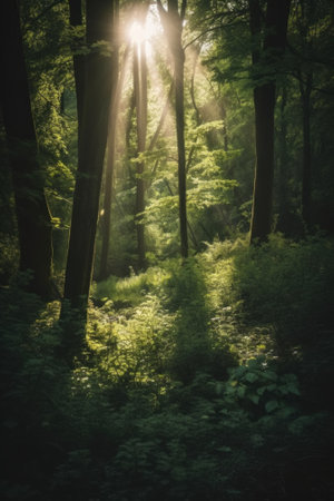 The sun shines through the trees in the forest. Generative AI image.の素材
