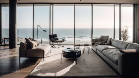 A living room filled with furniture and a large window. Generative AI image.の素材