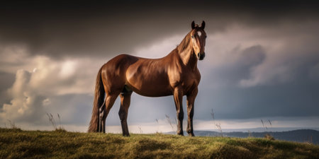 A brown horse standing on top of a lush green hillside. Generative AI image.の素材