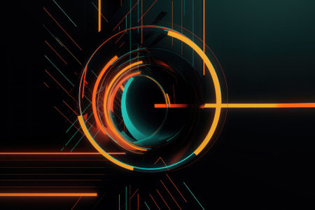 A black background with neon lines and a circle. Generative AI image.の素材