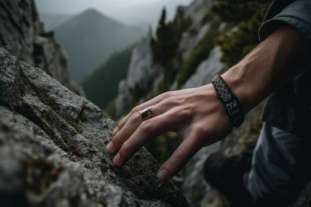 A person"s hand on a rock with mountains in the background. Generative AI image.の素材