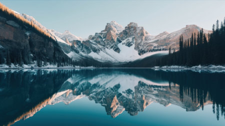 A lake with a mountain in the background. Generative AI image.の素材