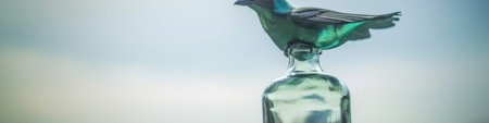 A bird perched on top of a bottle. Generative AI image.の素材