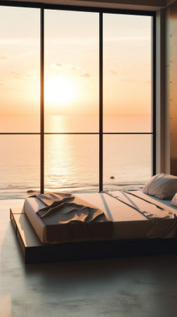 A bed sitting in a bedroom next to a large window. Generative AI image.の素材