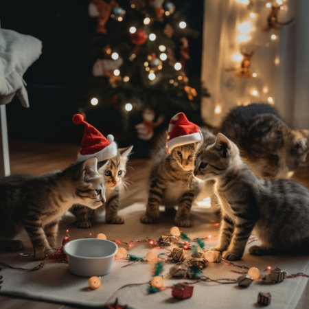 A group of kittens in santa hats playing with a bowl. Generative AI image.の素材
