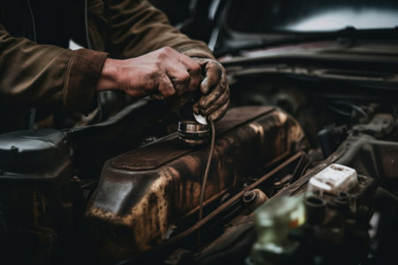 A man is working on a car engine. Generative AI image.の素材