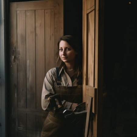 Female carpenter with a saw standing by a door. Generative AI image.の素材