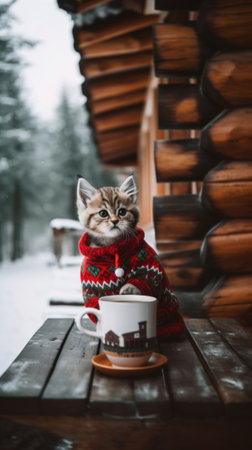 A kitten in a Christmas decorated sweater sitting on a table with a cup of coffee. Generative AI image.の素材