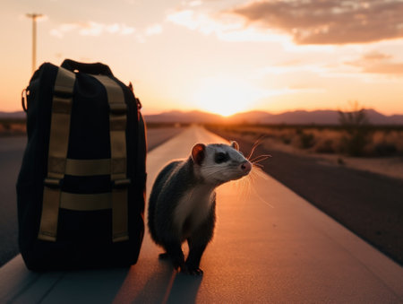 A ferret standing next to a suitcase on the side of the road. Generative AI image.の素材
