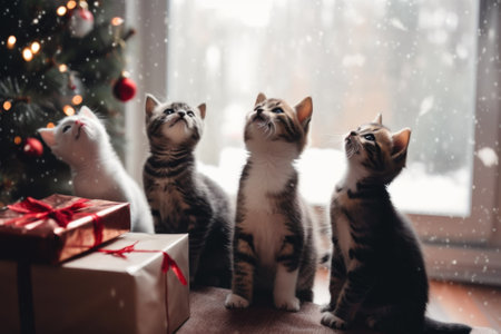 A group of kittens sitting next to a christmas tree. Generative AI image.の素材