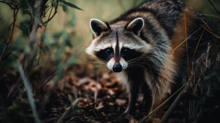 A raccoon standing in the woods looking at the camera. Generative AI image.の素材
