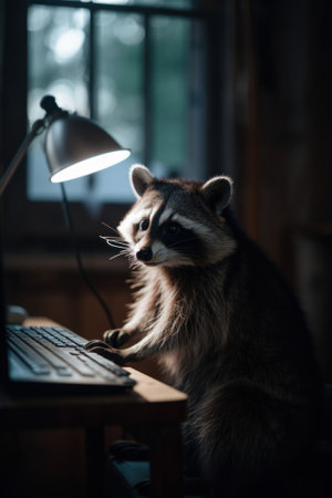 A raccoon sitting on a desk in front of a computer. Generative AI image.の素材