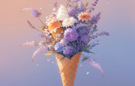An ice cream cone filled with lots of flowers. Generative AI image.の素材