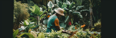 A man in a hat is watering in a garden. Generative AI image.の素材