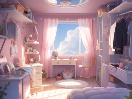 A bedroom with a skylight and a bed. Generative AI image.の素材